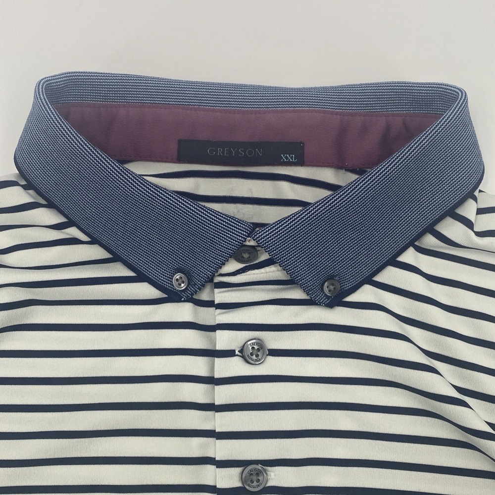 Greyson Polo Shirt Men's XXL White Navy Striped Performance Golf Rugby Stretch
